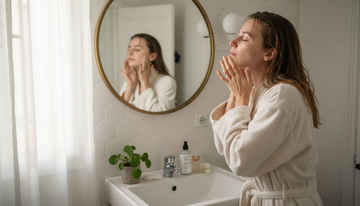 Dans sa salle de bain, une jeune femme prend soin de sa peau en appliquant délicatement une essence sur son visage.