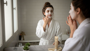 Une jeune femme prend soin de sa peau en appliquant un masque visage devant son miroir dans la salle de bain.