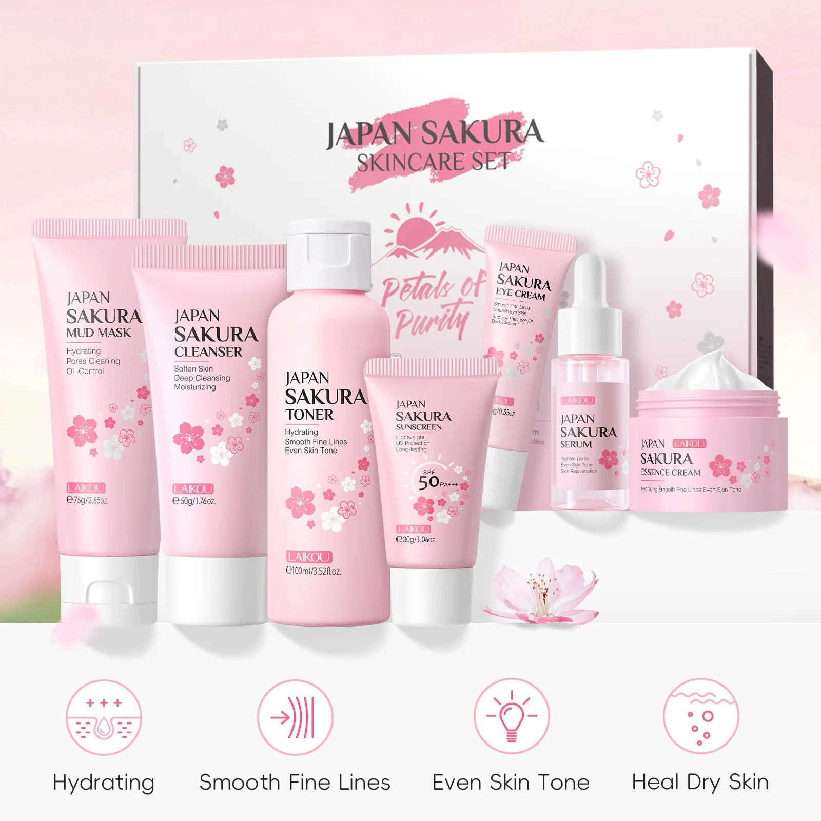 Sakura Skin Care Kit Hydrating Moisturizing Skin Care with Cleansing Pore Treatment and Sunscreen Cosmetic Skincare Korean