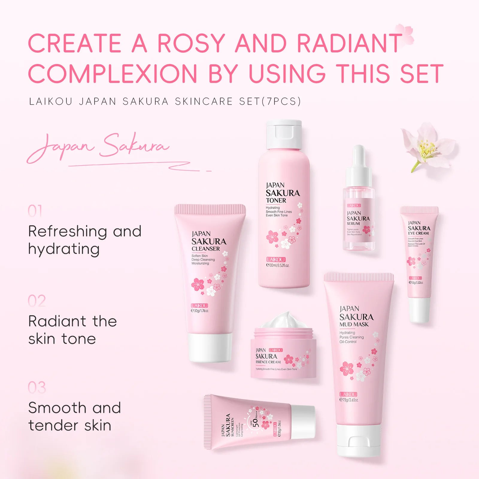 Sakura Skin Care Kit Hydrating Moisturizing Skin Care with Cleansing Pore Treatment and Sunscreen Cosmetic Skincare Korean