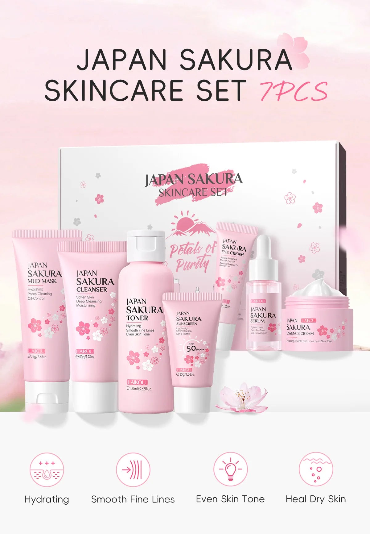 Sakura Skin Care Kit Hydrating Moisturizing Skin Care with Cleansing Pore Treatment and Sunscreen Cosmetic Skincare Korean