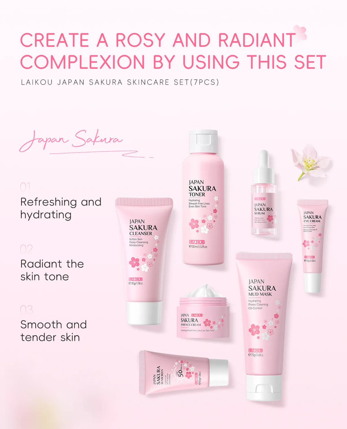Sakura Skin Care Kit Hydrating Moisturizing Skin Care with Cleansing Pore Treatment and Sunscreen Cosmetic Skincare Korean