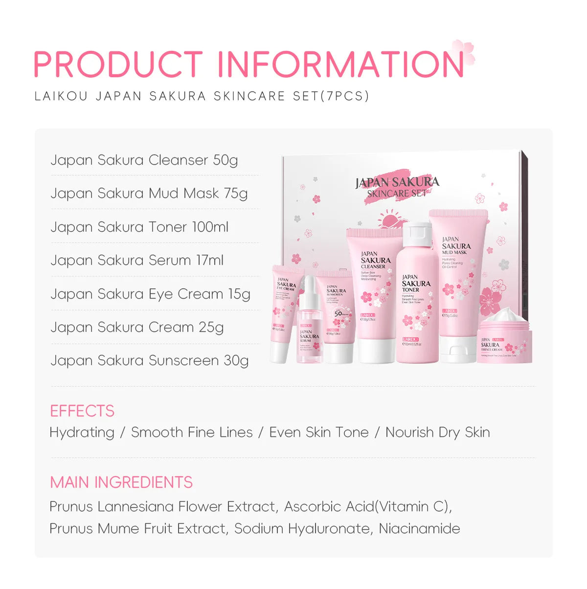 Sakura Skin Care Kit Hydrating Moisturizing Skin Care with Cleansing Pore Treatment and Sunscreen Cosmetic Skincare Korean